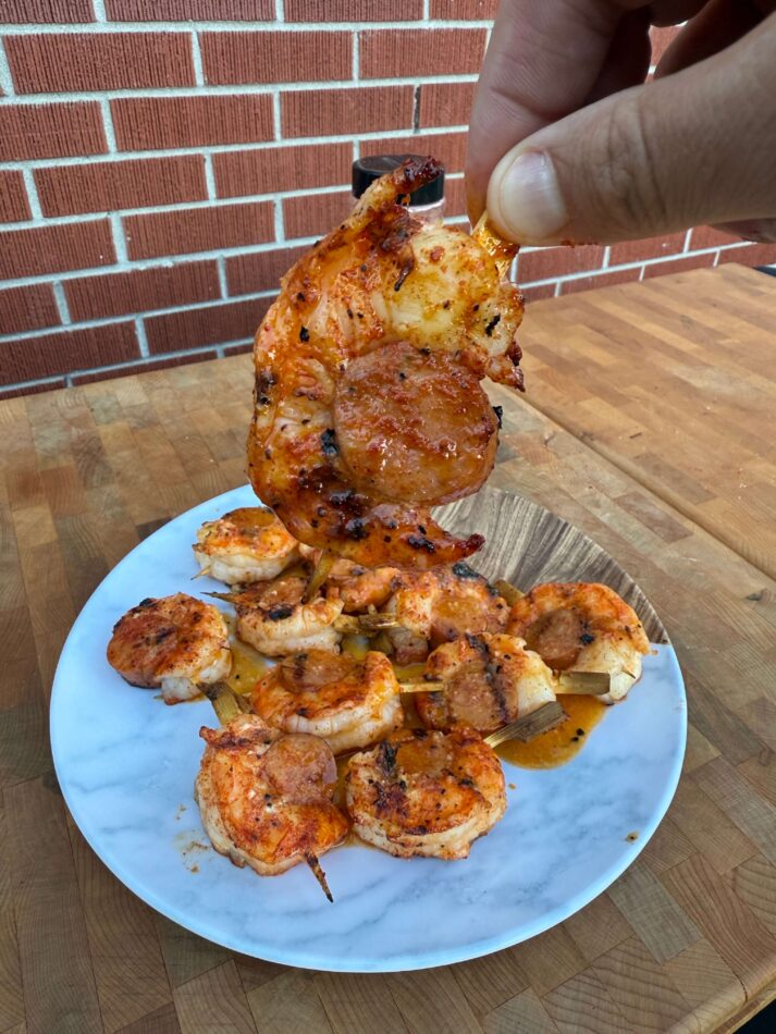 Shrimp and sausage skewers single